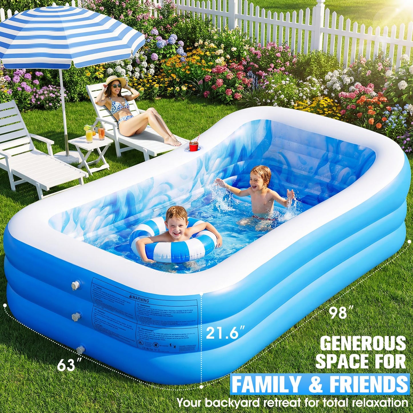 AixPool Inflatable Pool with Seats and Headrest,Oversized Thickened Large Blow Up Pool for Audlt,Inflatable Backyard Pools for Adult,Durable Swim Center Inflatable Family Lounge Pool 98"x63"x21.6"