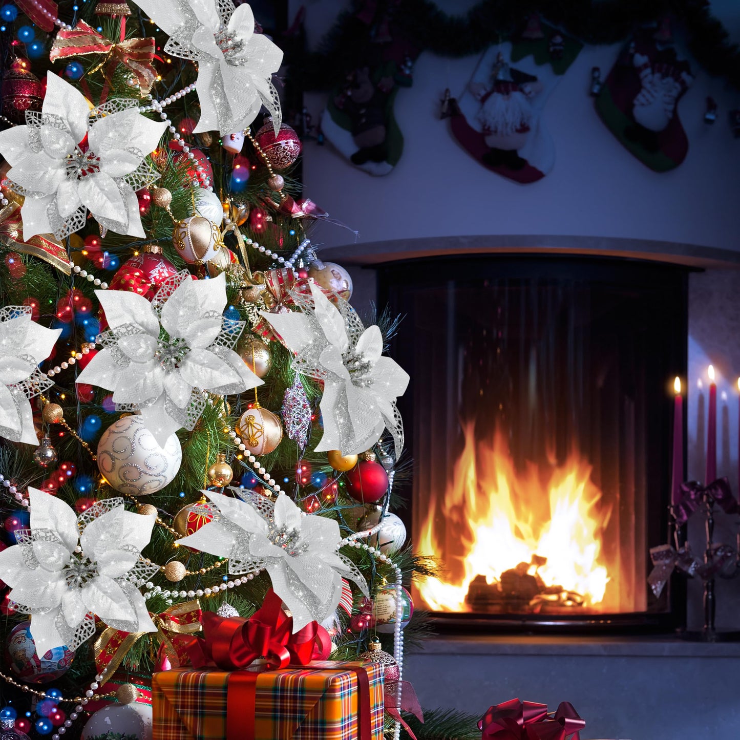 12 PCS Poinsettia Flower Artificial Poinsettia Christmas Decoration 8.7'' Silver Glitter Poinsettias Christmas Ornaments Christmas Tree Flower Decor with Clips DIY Xmas Wreath Holiday Home Party Decor