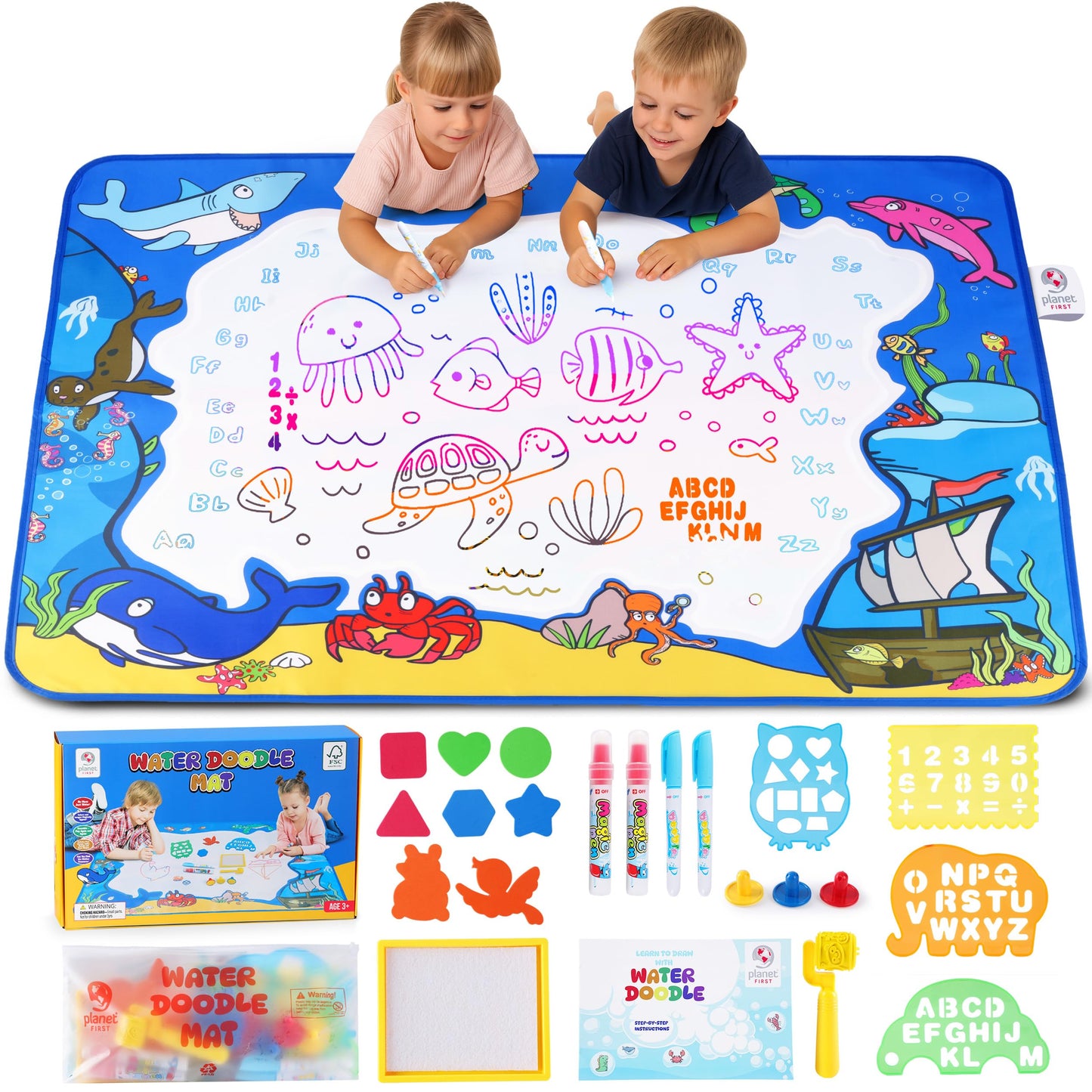 Water Doodle Mat -Sea Life 40 x 32 – Mess-Free Water Drawing Mat for Kids Ages 3-8 with Roller, Stamp Markers, Water Pens, Foam Shapes & Stencils