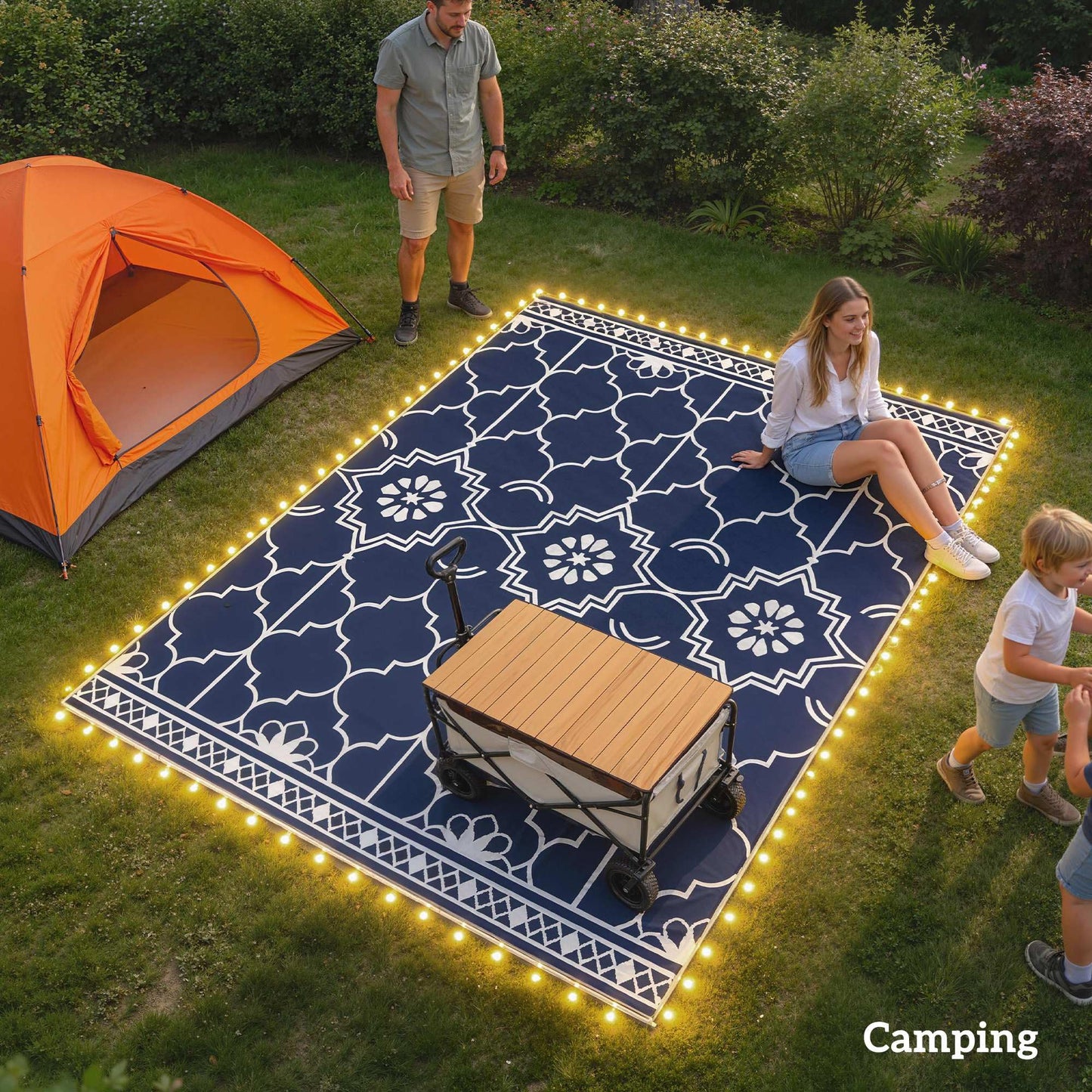 Outsunny Reversible Outdoor Rug Carpet with LED Lights, 10' x 8' PP Straw Rug, Portable RV Camping Mat with Carry Bag and Ground Stakes for Backyard, Deck, Picnic, Beach, Dark Blue and White