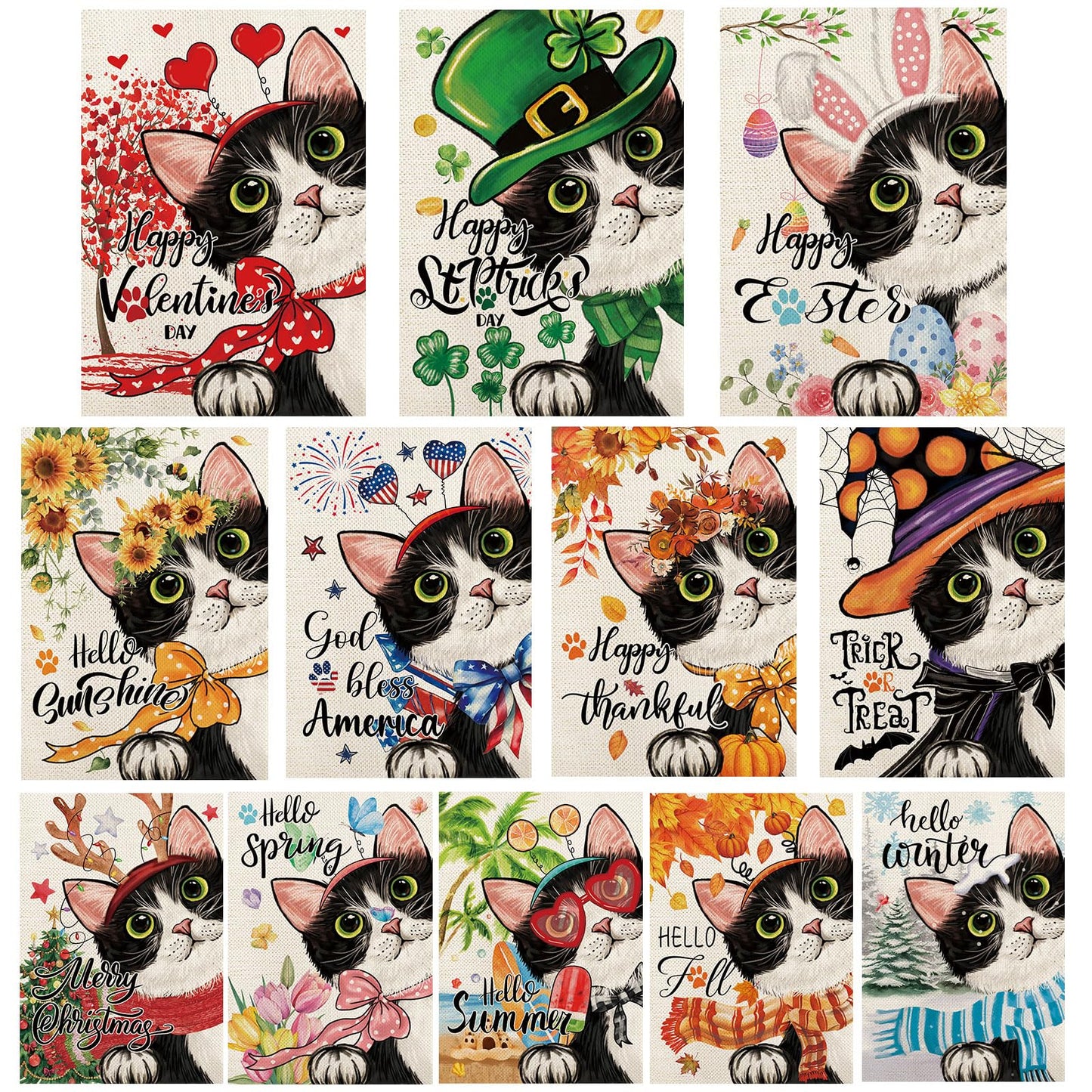 YOVOYOA Cute Black Cat Garden Flags for Outside Set of 12, Welcome Seasonal Garden Flags 12x18 Double Sided, Kitten Yard Flags for All Seasons and Holidays, Winter Spring Yard Flag for Holiday Decor