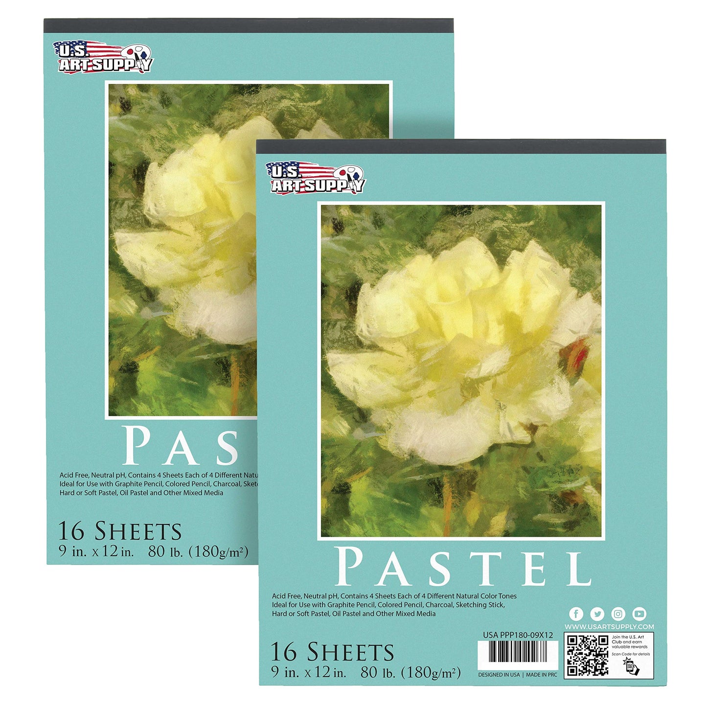 U.S. Art Supply 9" x 12" Pastel Paper Pad: 2 Pack (32 Sheet Total), 80lb (180gsm), 4 Neutral Toned Colors, Textured Hard or Soft Oil Pastel Paper, Drawing Sketchbook Pad, Mixed Media