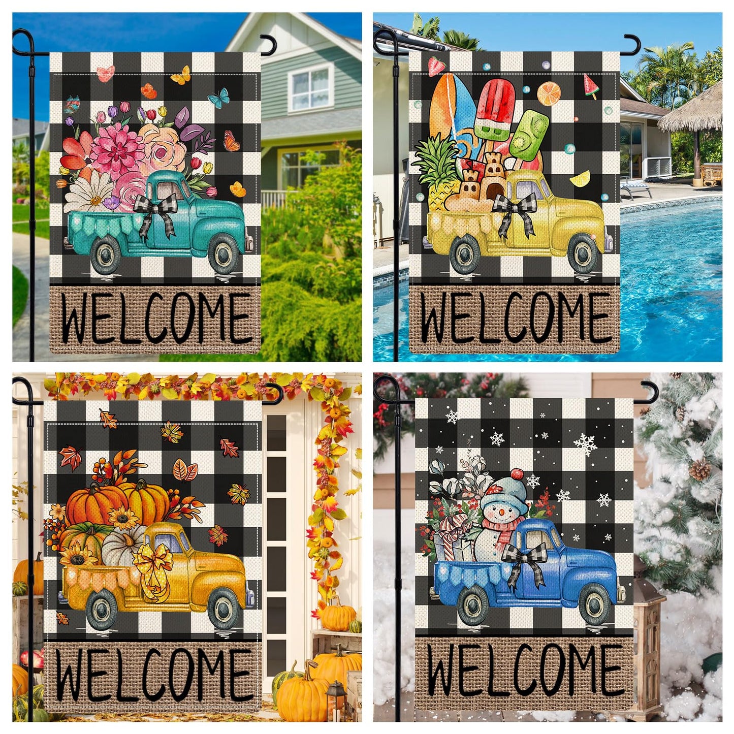 YOVOYOA Rustic Truck Buffalo Plaid Garden Flags for Outside Set of 12, Welcome Seasonal Garden Flags 12x18 Double Sided, Car Holiday Lawn Flags, Winter Spring Outside Decorations for Yard