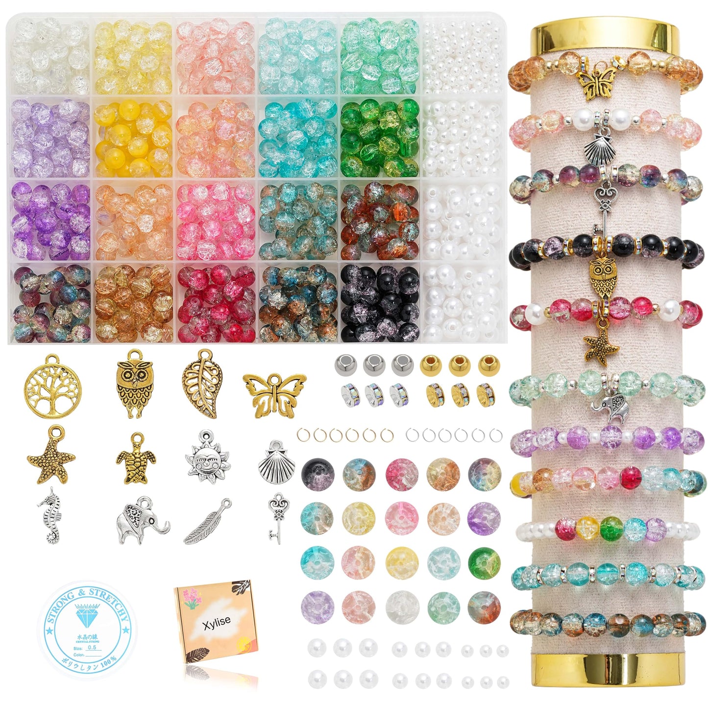 Xylise Glass Beads Bracelet Making Kit, 20 Colors 8mm Crackle Glass Beads for Jewelry Making, Crystal Glass Round Beads Friendship Bracelet kit for DIY Crafts Gifts