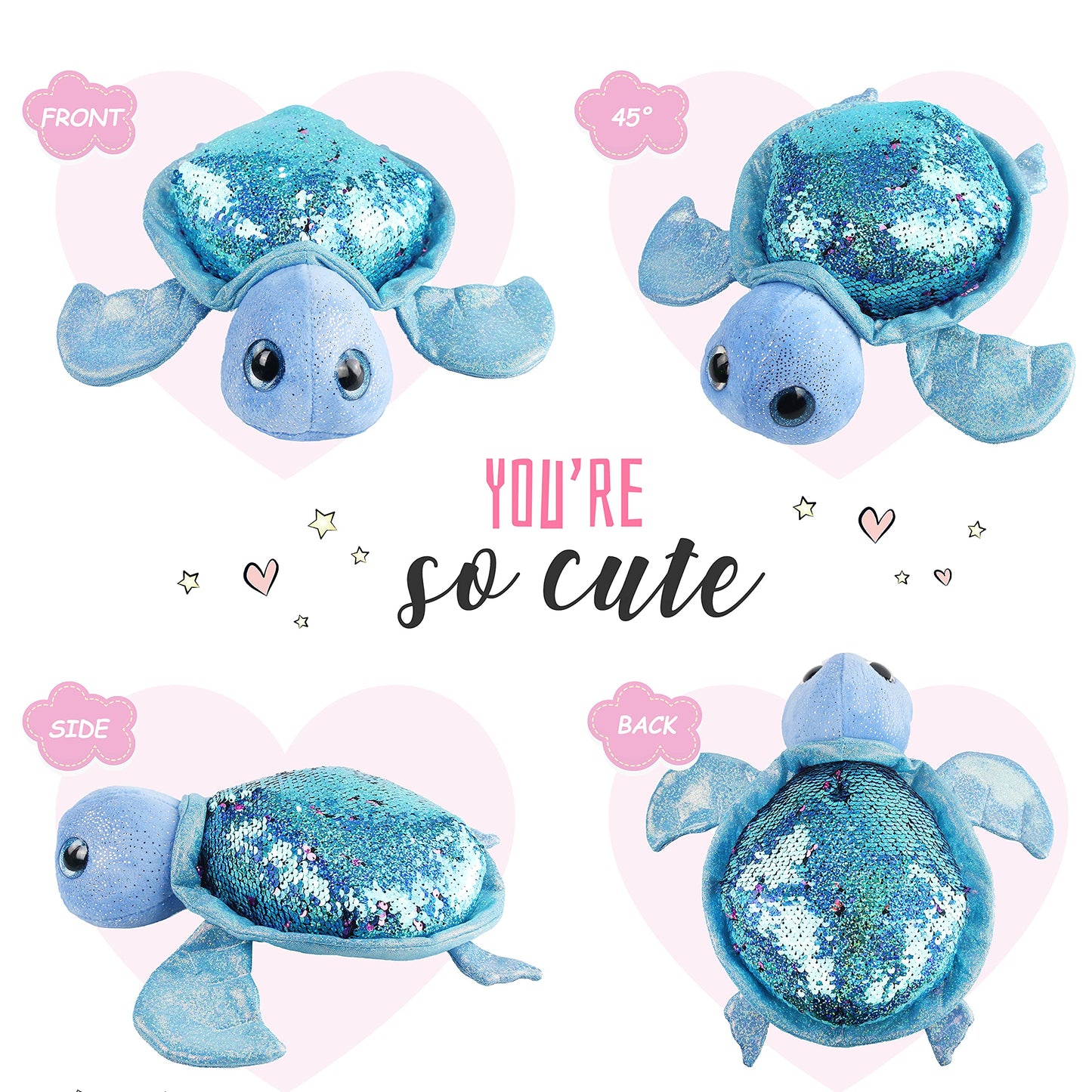Athoinsu Reversible Sequins Stuffed Animal Sea Turtle Sparkly Soft Plush Toy Ocean Life Tortoise Throw Pillow Birthday Valentine's Day Plushie Gifts for Toddler Kids Boys and Girls, 12'' (Blue)