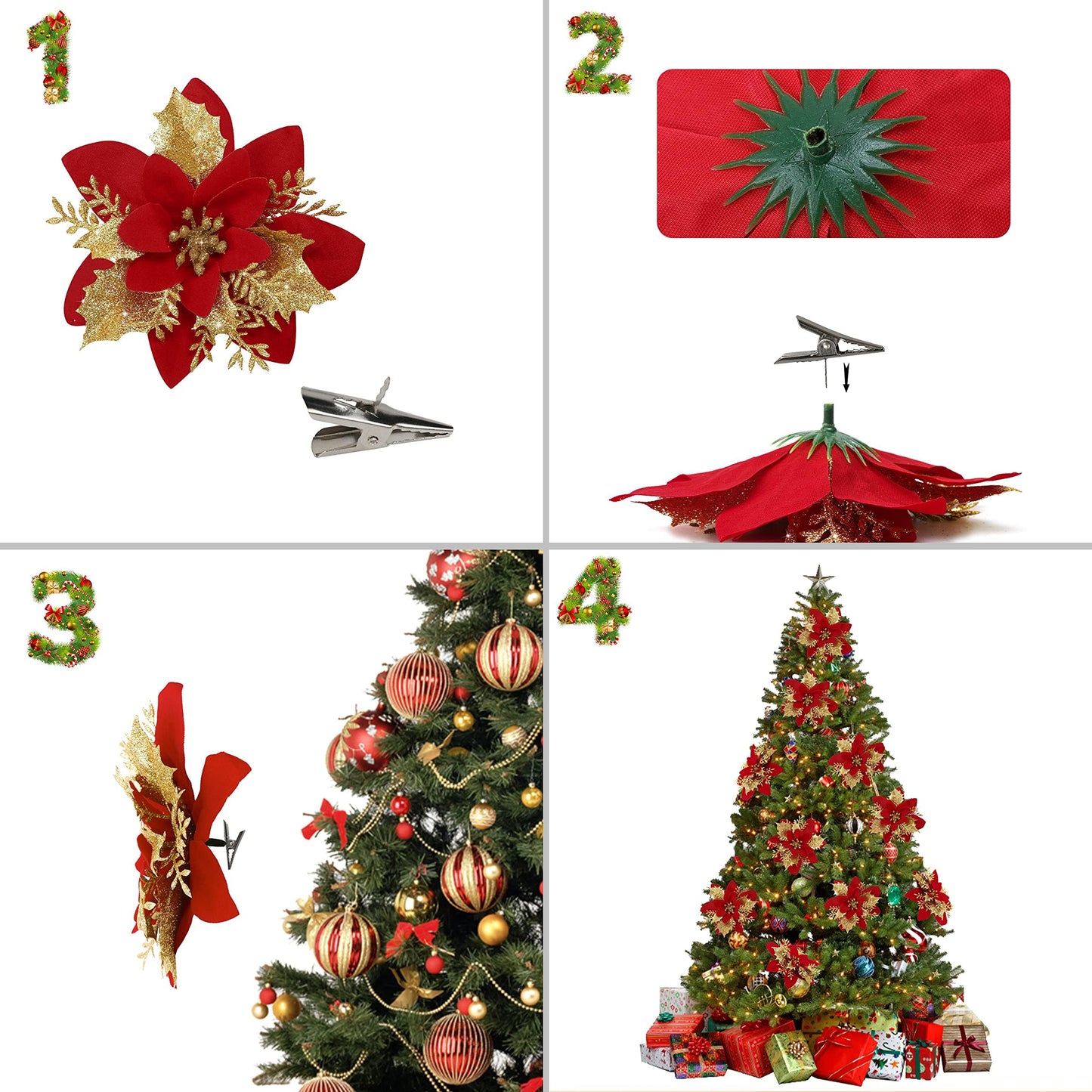 16 PCS Poinsettia Flower Artificial Poinsettia Christmas Decorations Glitter Poinsettias Christmas Ornaments Christmas Tree Flower Decorations with Clips DIY Xmas Wreath Holiday Weed Home Party Decor