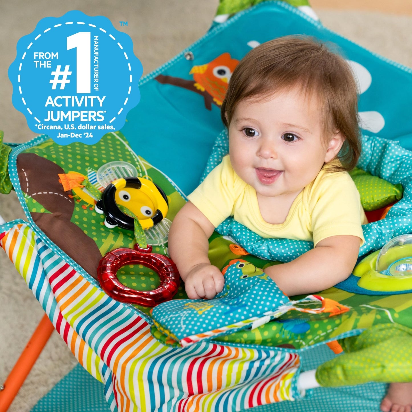 Bright Starts Pop 'N Jump Portable Baby Jumper, Foldable Indoor/Outdoor Baby Jumper with Owl Forest Sensory Activities, Ages 6–12 Months