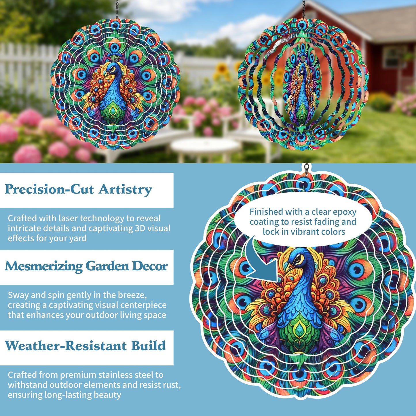 Threeight Peacock Metal Wind Spinners for Yard, 12 Inch 3D Kinetic Wind Catchers, Outdoor Garden Decor Gifts for Women Men
