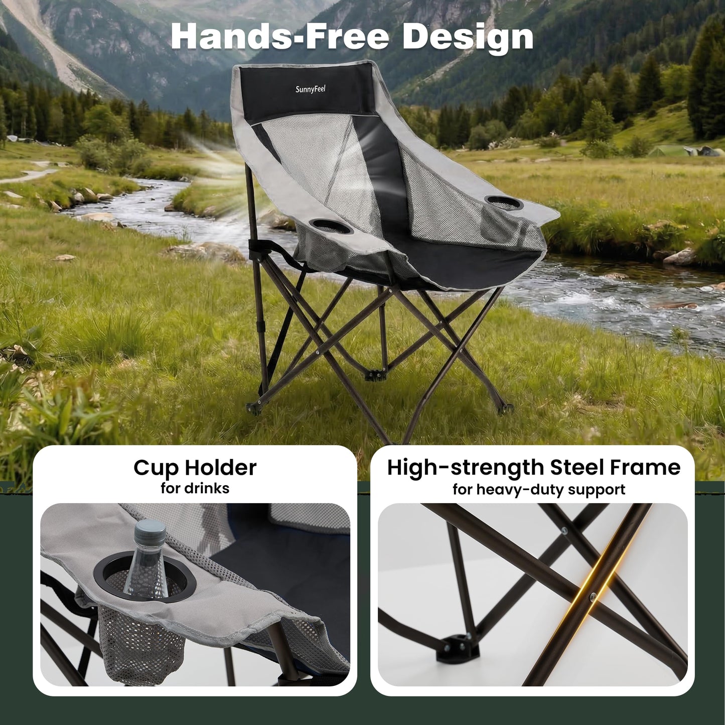 SUNNYFEEL Lightweight Oversized Camping Chairs for Adults Portable Folding Chair with Side Pockets & Cup Holde for Beach,Fishing,Trip,Picnic,Lawn,Concert Outdoor, Carry Bag Included