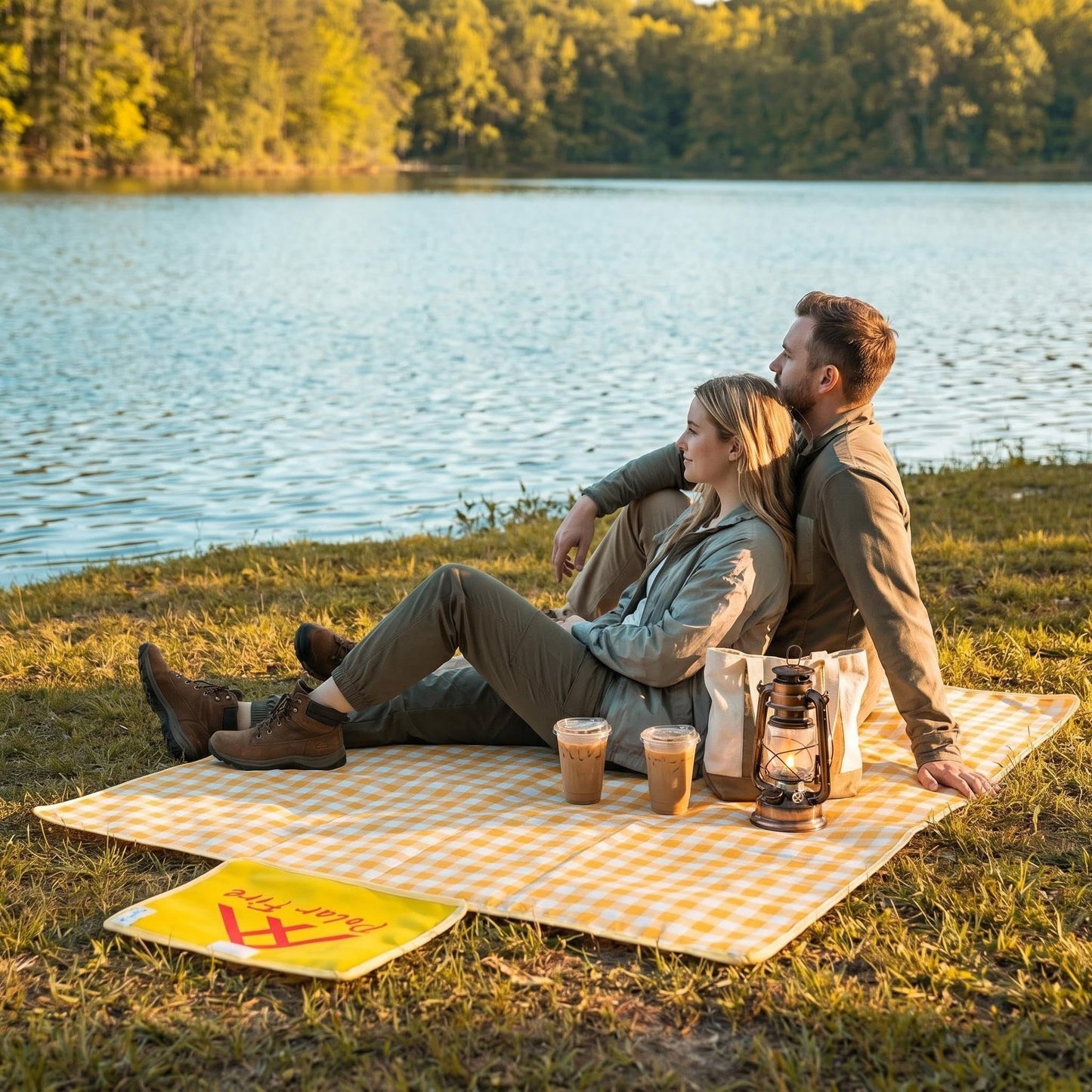 Loulangems Extra Large 2m x 2m Orange Plaid Picnic Mat, Sandproof Waterproof Outdoor Blanket, Orange Plaid Picnic Blanket for Campin and Hiking, Machine Washable