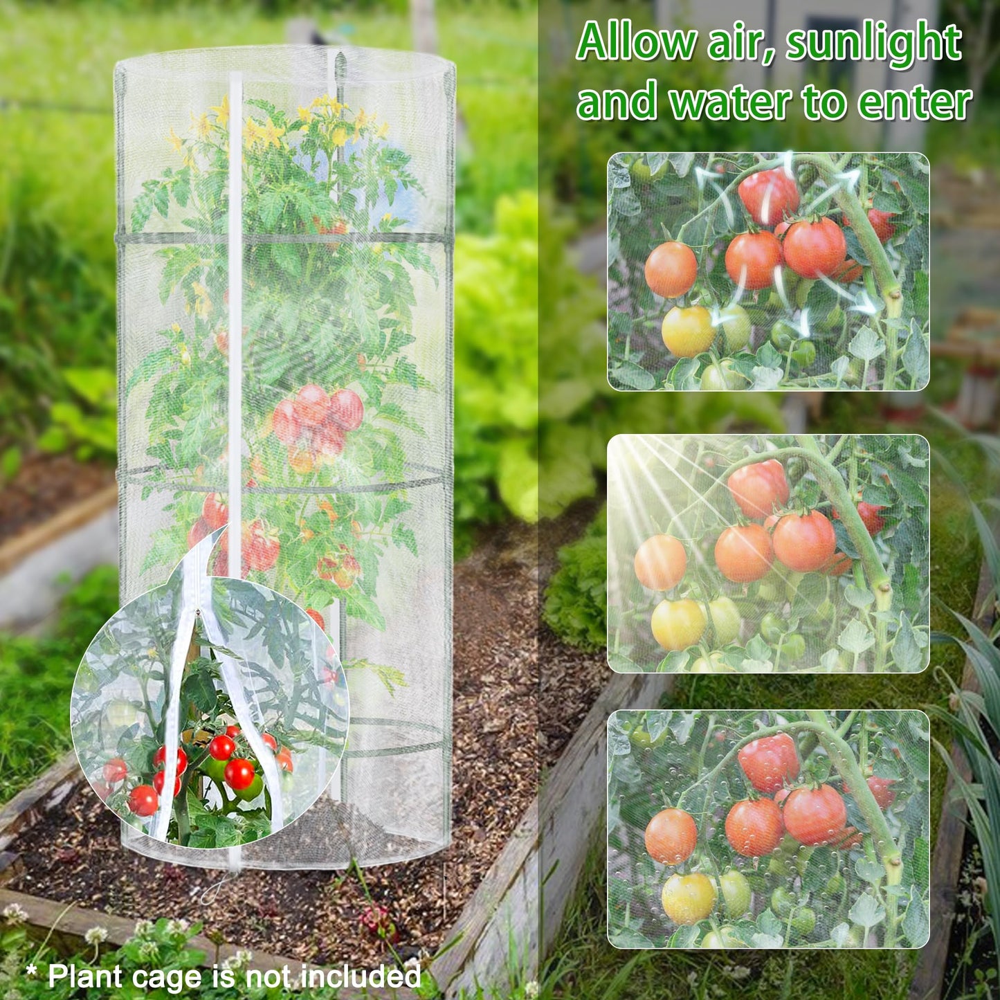 3 Pack Garden Netting for Round Plant Cage, 55" x 15" Tomato Cage Bird Netting Mesh Plant Cover with Zipper, Tomato Trellis Pest Barrier Garden Protection Net Cover for Climbing Plants Vegetables