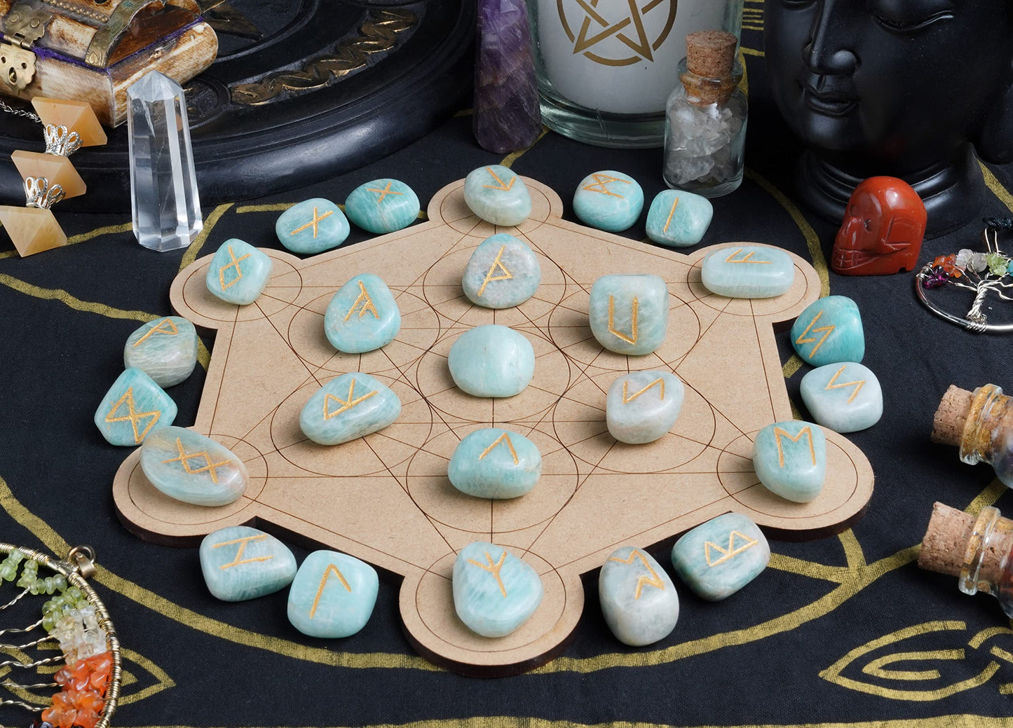 Crocon Amazonite Rune Stones Sets for Beginners with Elder Futhark Alphabets for Healing Chakra Crystals Reiki feng Shui Gemstone Runes Set Size: 15-20 mm with a Pouch & Rune brochure