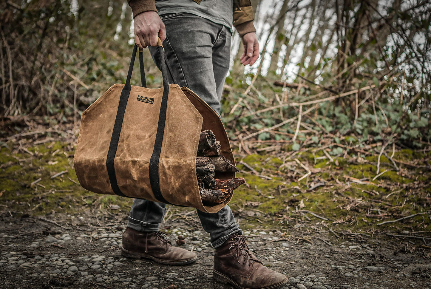 Readywares Waxed Canvas Firewood Carrier, Heavy Duty Log Carrier for Firewood, Wood Carrier for Firewood, Firewood Bag, Great Gift for Cabin, Firewood Carrier with Handles, Classic Durable Design Tan