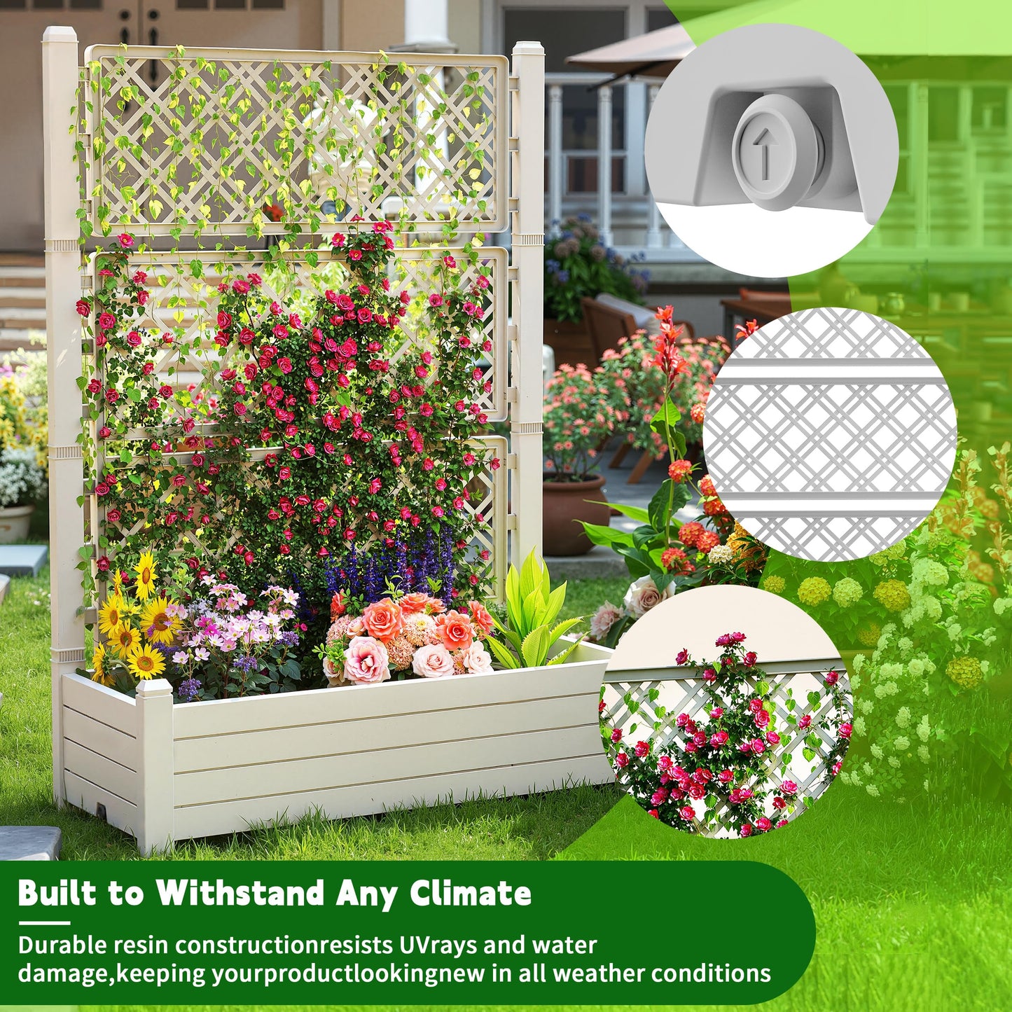 EasyUp Raised Garden Bed with Trellis for Climbing Plants, Outdoor Herb Planter Box with Drainage Plug & Water Gauge, Durable Resin for Patio, Balcony, Yard, Dust-Proof Garden Planter