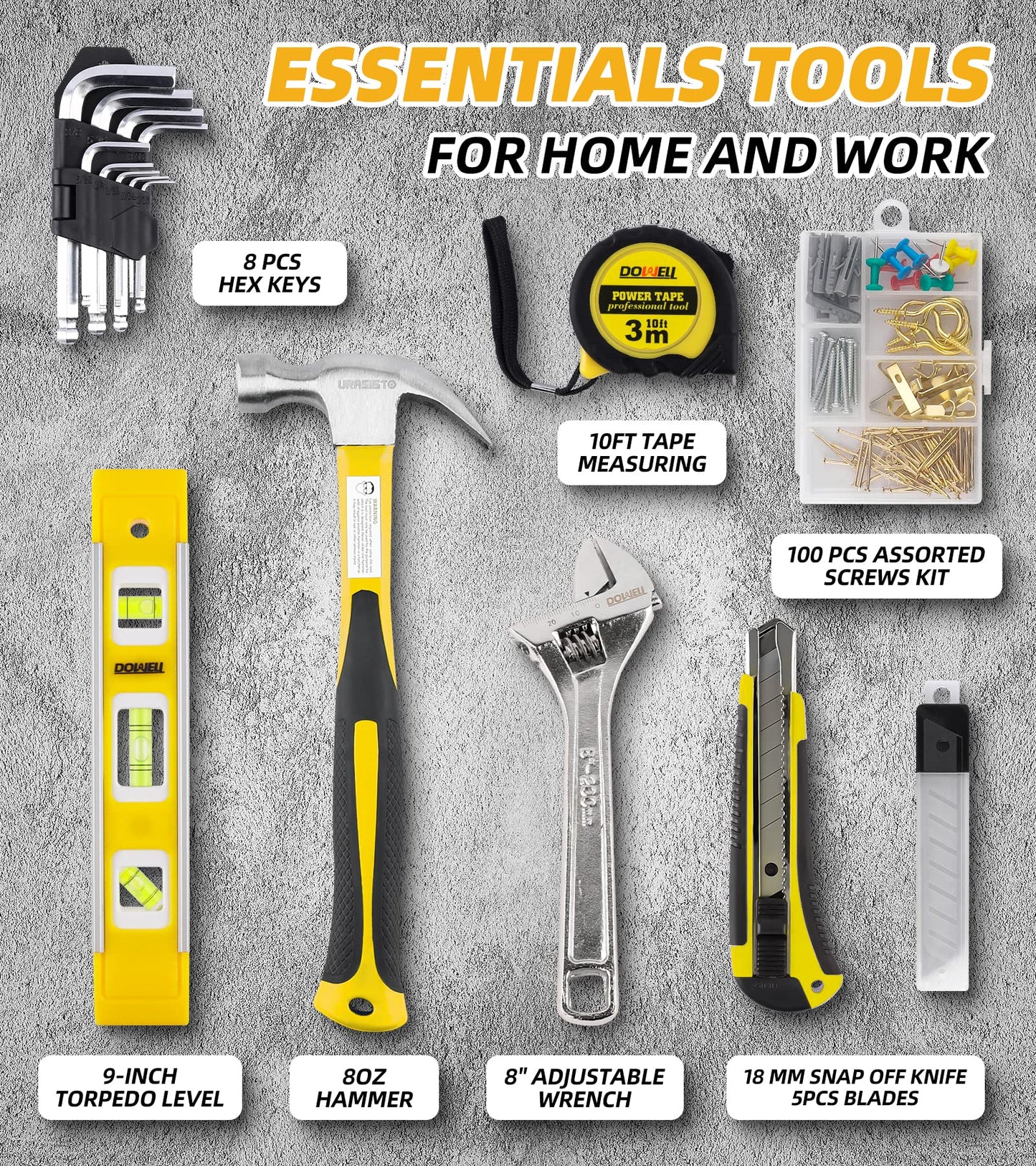 DOWELL 146PCS Homeowner Tool Set, Household Repairing Tool Kit with 14-Inch Wide Mouth Open Storage Tool Bag