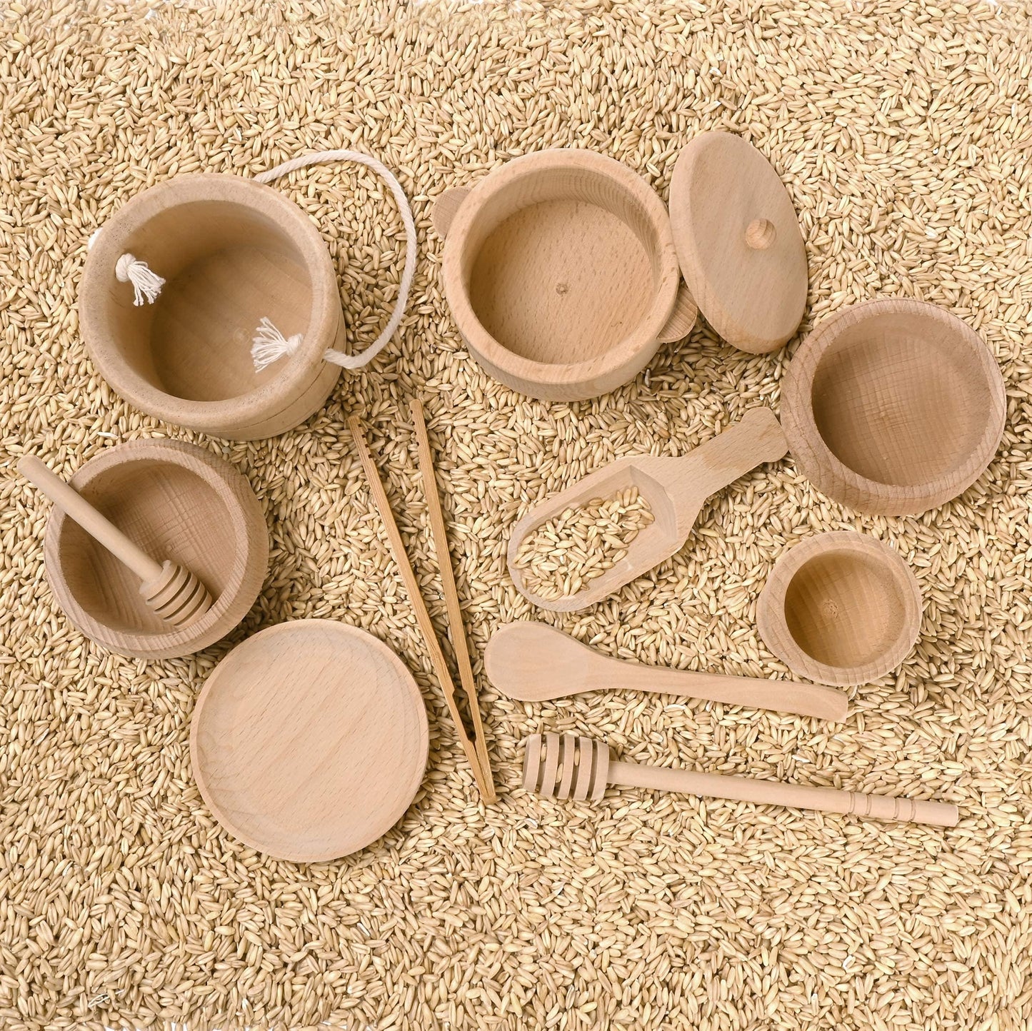 MONT PLEASANT Montessori Sensory Bin Toys for 1 Year Old Toddlers, 11pcs Wooden Waldorf Toys - Wooden Scoops and Tongs for Transfer Work and Fine Motor Skills Development