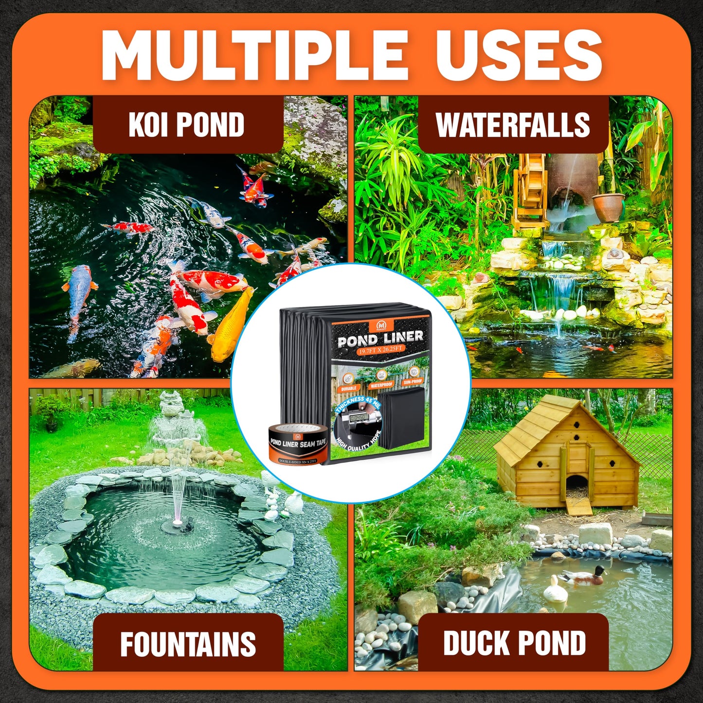 PAMAZY [Premium] 45 Mil LDPE Pond Liner with Seam Tape, 19.7 * 26.2FT Pond Lining for Fish Pond, Performed Garden Ponds, Large Pond Liner for Fishpond, Koi Pond, Waterfall, Streams