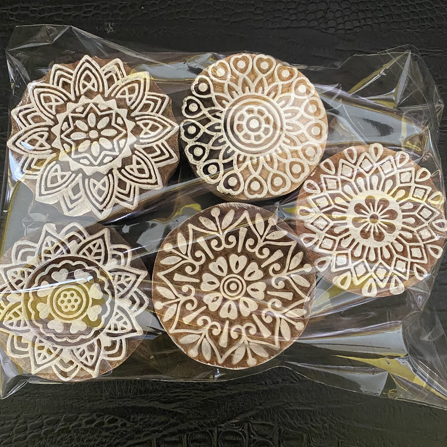 AnNafi® Traditional Mehendi Pattern Mandala and Round Wood Block Stamps (Set of 5) | Round Wooden Printing Block Stamp - DIY Henna Fabric Textile Paper Clay Pottery Block Printing Stamp