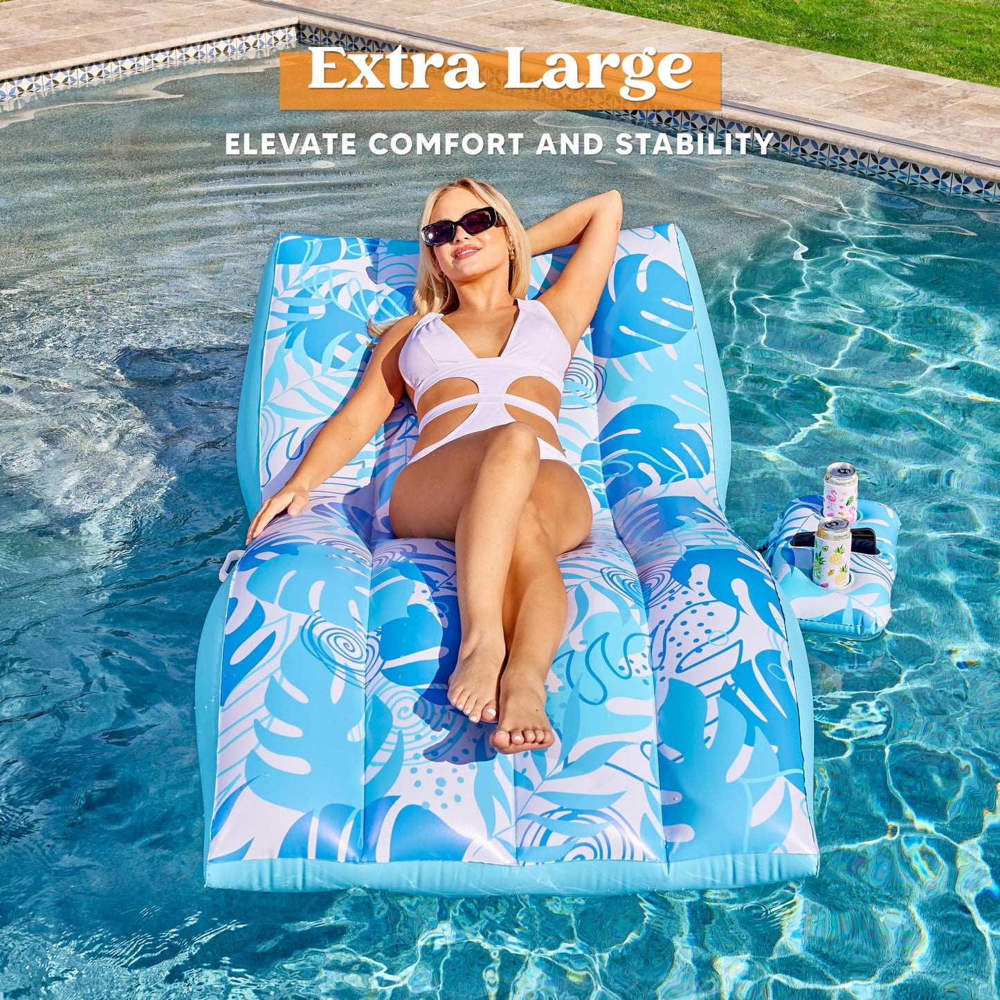 SLOOSH Inflatable Pool Floats Adult - Extreme Comfort Pool Lounge Chair with Detachable Cup Holder, Heavy Duty Lounger Floating Recliner Blow Up Floaties Water Floaty Lake Beach Tanning Float (Blue)