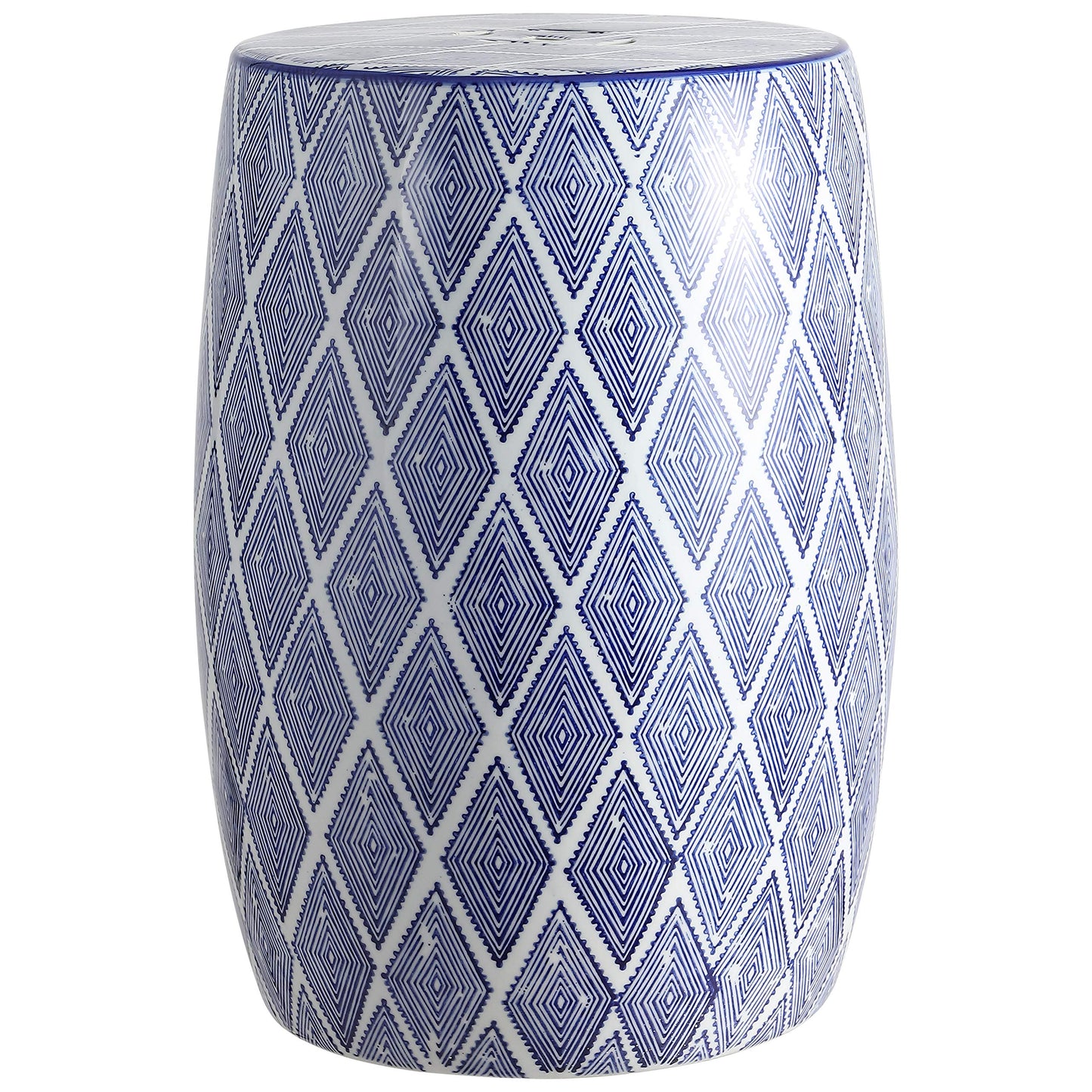 JONATHAN Y TBL1019A Moroccan Diamonds 18" Ceramic Drum Indoor/Outdoor Garden Stool, Coastal, Contemporary, Side Table, Plant Stand, Spill-Proof, Living Room, Garden Room, Patio, Blue/White