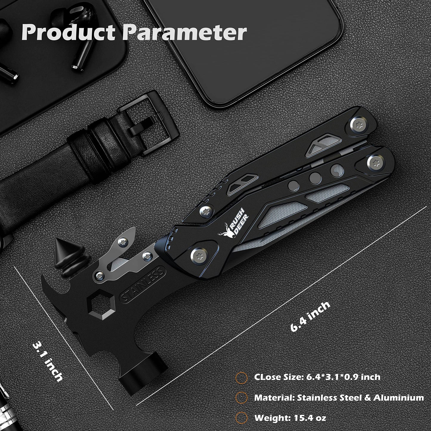 Rush Deer Camping Essentials Multitool,16 in 1 Multi Tool Survival Gear with Hammer, Pliers, Knife, Screwdrivers, Bottle Opener & Car Safety Hammer, for Camping, Hiking, Gift for Dad Him