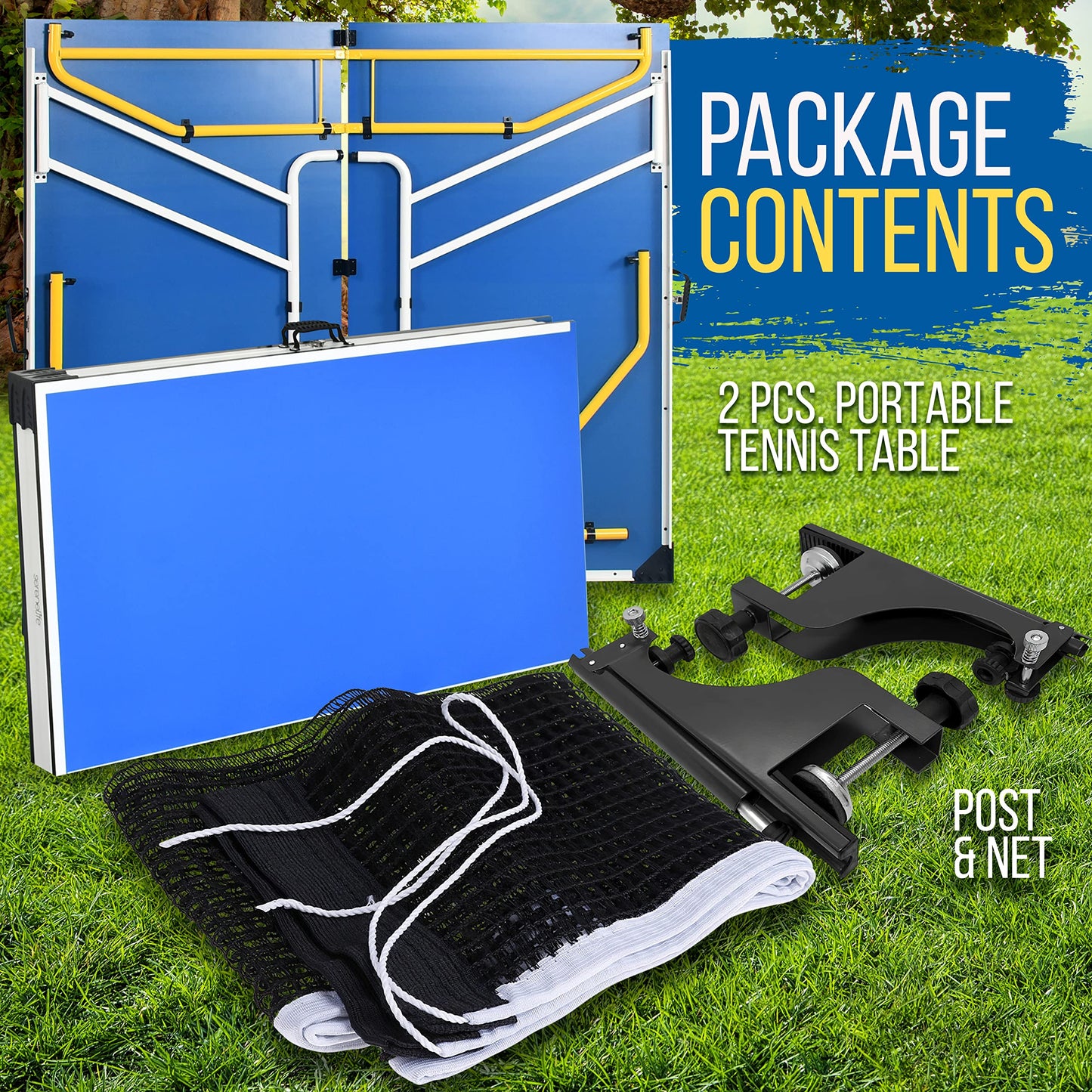 SereneLife Collapsible Full Size Ping Pong Table, 9’ x 5’ Regulation Fold-Flat Table Tennis, Hinged Panels for SUV Transport and Easy Storage, Portable Space-Saving Design, Net & Post Set Included
