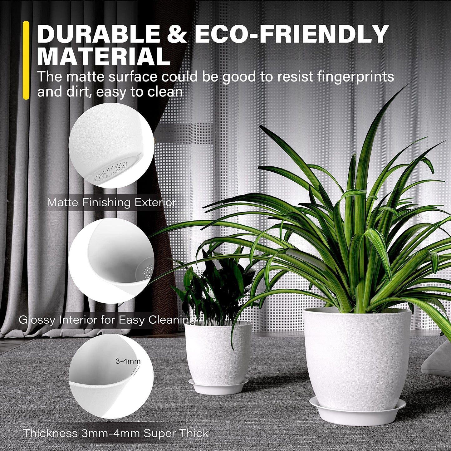 iPower Plant Pots with Drainage-7.1/6.3/5.5/5/4.5 Inches Home Decor Flower Pots for Indoor Planter, Plastic Planters, Cactus, Succulents, Herbs and Flower Pot, White, 5 Count (Pack of 1)