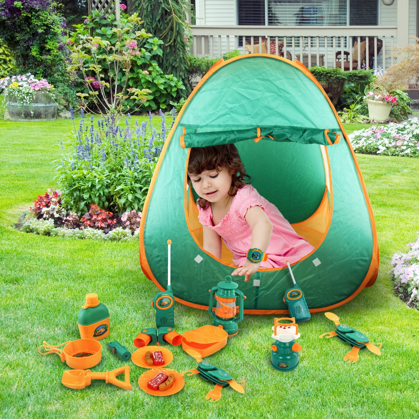 PicassoTiles PTC20 20 Piece Camping Gear Tools Adventure Set Including Walkie Talkie, Camping Tent, Binoculars, Watch, Compass & Whistle, Stove, and Other Camp Tools