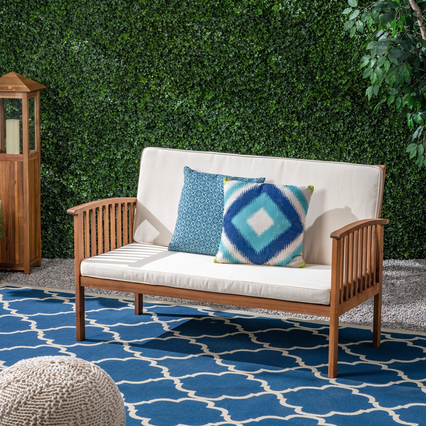 Christopher Knight Home Grace Outdoor Acacia Wood Loveseat, Brown Patina Finish and Cream