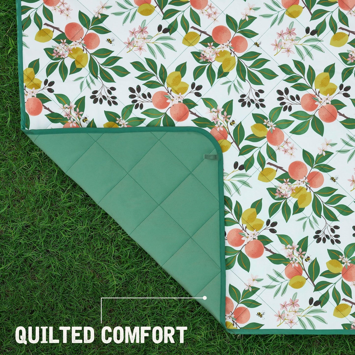 Weatherproof Vintage Waterproof Outdoor Blanket- Green Roll Up Throw Blanket with Handle, Velcro Closure - Camping Supplies, Travel Blanket for Beach, Picnic & Events, 60"x72" (Lemon Grove)