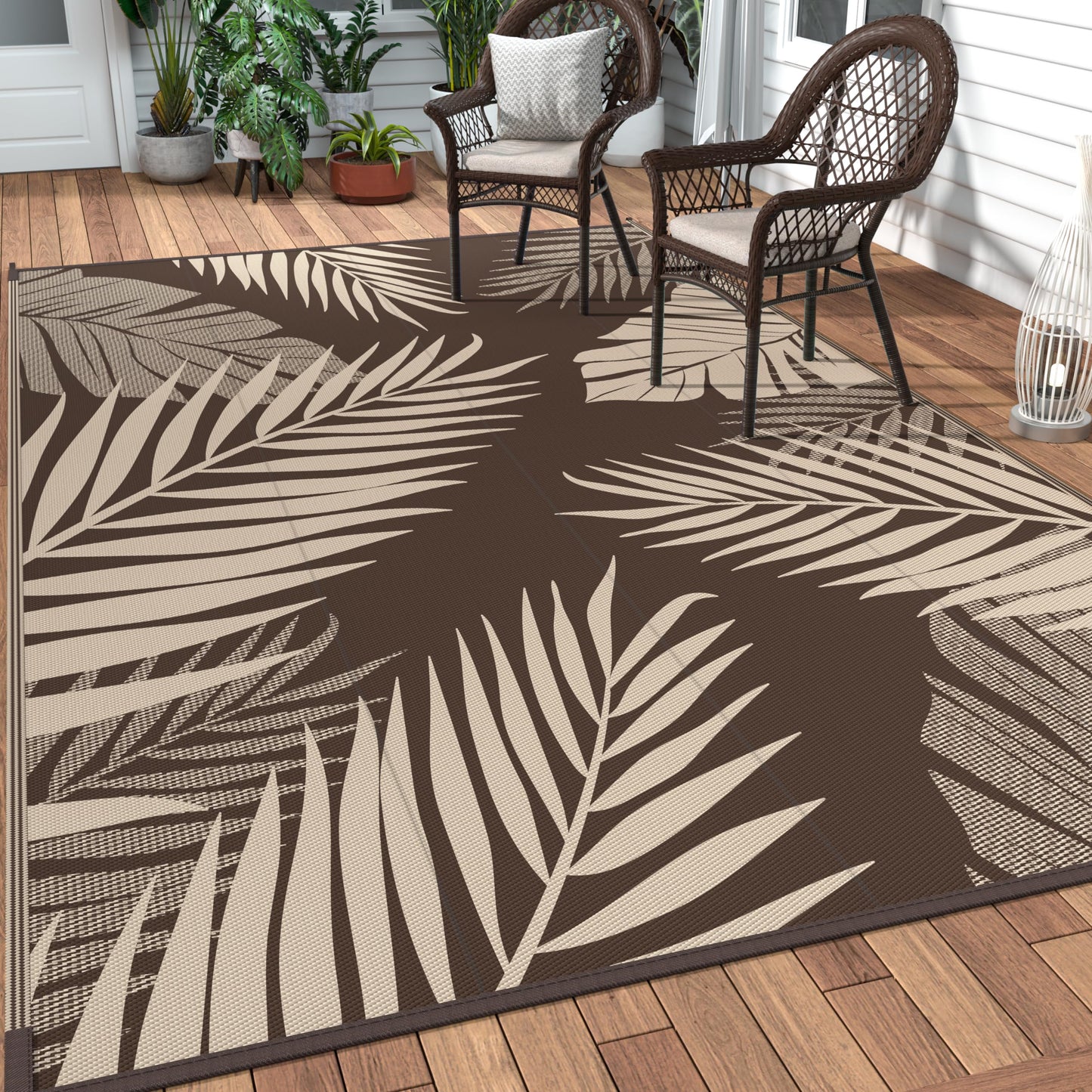 GENIMO Outdoor Rug 9' x 12' Waterproof for Patios Clearance, Reversible Outdoor Plastic Straw Camping Rug Carpet, Large Area Rugs Mats for RV, Camper, Deck, Balcony, Porch, Beach, Picnic, Coffee&Beige