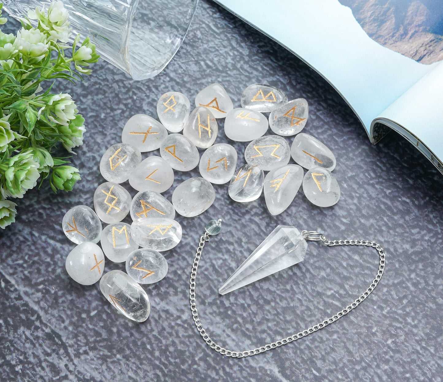 Crocon Clear Quartz Gemstone Engraved Rune Stones Set (25 Pcs) with Elder Futhark Alphabets & 1 Clear Quartz Pendulum Reiki Healing Meditation Balancing Gift Home Office Decor. Size: 15-20 mm