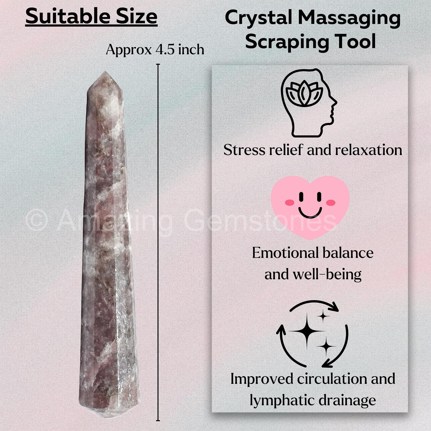 Amazing Gemstone Lepidolite Crystal Wand Massage Stick - Pelvic Wand Gua Sha for Adults - Crystals and Healing Stones Massage Wands for Adults Gifts (Pointed)